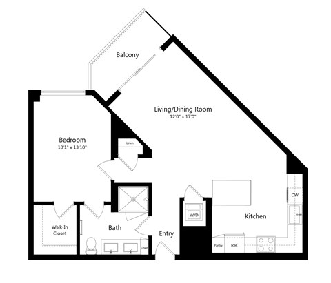 Floor plan for 1 bed, 1 bath, 796 sqft